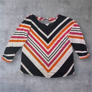 Erm London Top Striped Pattern Tie Detail Button Accent 3/4 Sleeves Womens Large